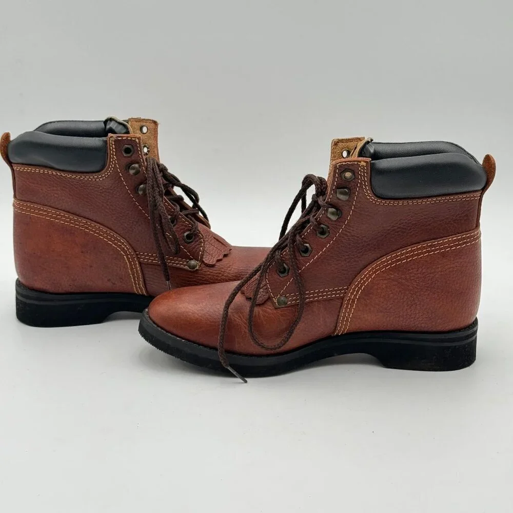 Vintage Justin Brown Leather Kiltie Lace-Up Boots Workwear Western Y2K Y4.5/W6.5